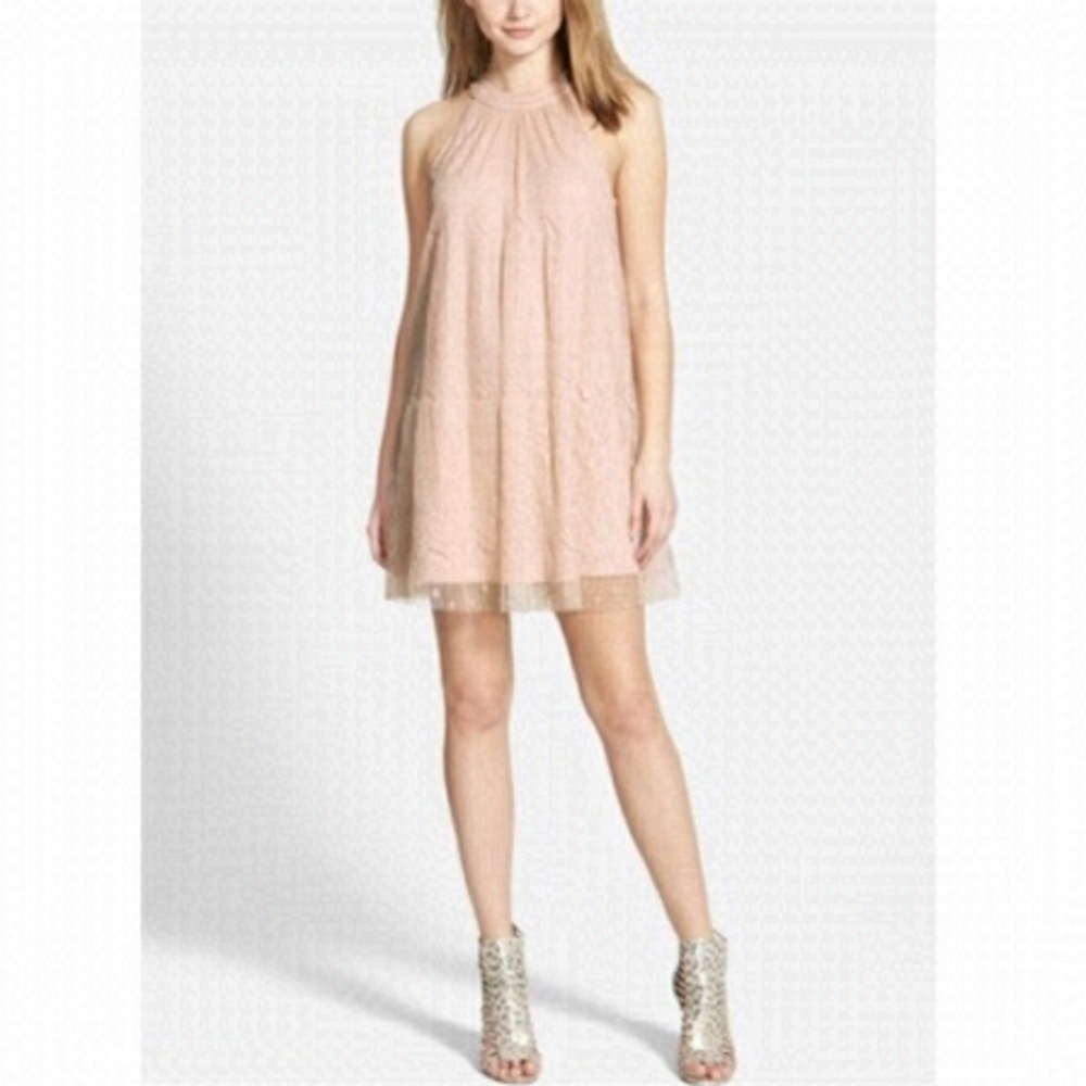ASTR Floral Lace Overlay Shift Dress Cutaway Shoulders